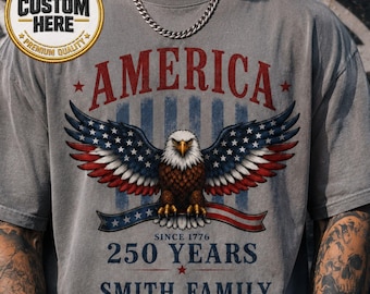 Camiseta personalizada de los 250 años de Estados Unidos, camiseta patriótica con apellido familiar, camiseta Eagle USA 1776, camiseta personalizada del 250 aniversario de Estados Unidos, regalo del 4 de julio