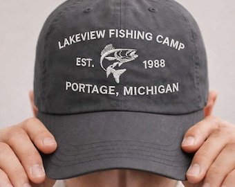 Gorra de pesca bordada personalizada, gorra de béisbol con texto personalizado, regalos personalizados vintage, detalle de cuerda de algodón color caqui.