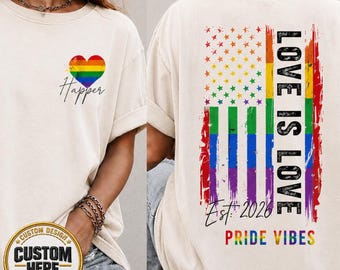 Camiseta personalizada del Orgullo El amor es amor Camiseta con bandera arcoíris Conjunto vintage del mes del orgullo Est. 2026 Camiseta Regalos LGBTQ personalizados Vibras del orgullo