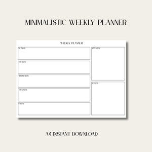 May include: A black and white printable weekly planner with the text "MINIMALISTIC WEEKLY PLANNER" at the top and "AN INSTANT DOWNLOAD" at the bottom.