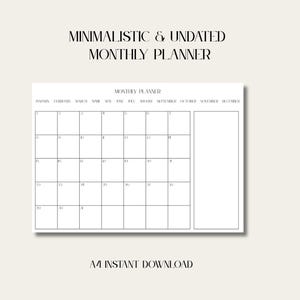 May include: A printable monthly planner with a minimalist design. The planner is undated and includes a calendar grid for each month of the year, along with a notes section.