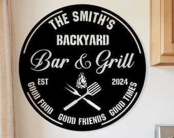 Personalized BBQ Metal Sign: Custom Bar & Grill Name, Barbecue Metal Wall Art, Grilling Gift