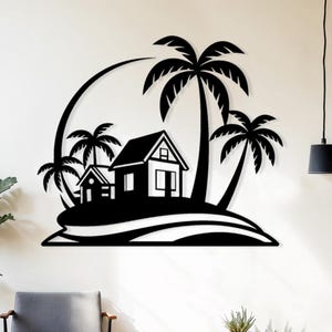 Personalized Palm Tree House Silhouette Decor for Living Room, Tropical Wall Art, Coastal Beach House Sign, Modern Metal Wall Art,Home Decor