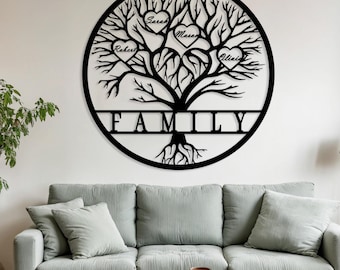 Benutzerdefinierte Stammbaum Metallschild Wandkunst, personalisierter Stammbaum mit Namen, Familiennamen-Zweigschild, Familiennamen-Dekor, Geburtstagsgeschenk