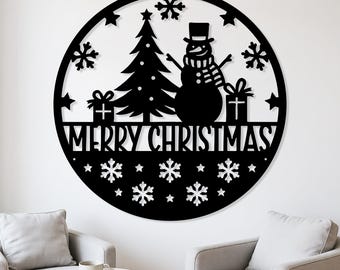 Personalized Merry Christmas Metal Sign, Snowman Metal Wall Decor, Christmas Tree Front Door Hanger, Home Wall Decor, Snowflake Metal Art