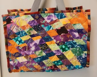 BATIKS Market Tote Overnight Beach Bag Colorful Patchwork Quilted Fabric Nylon Straps USA Handmade