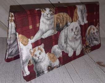 Cat Breeds WALLET Checkbook Cover Burgundy Plaid Fabric Print Coupon Holder Clutch Purse Billfold