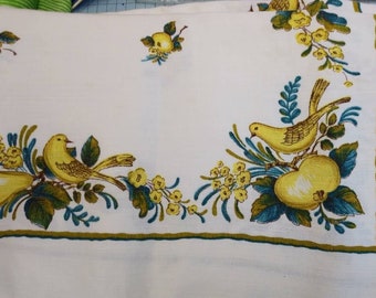 Vintage Ivory Linen Square Dining Table Cloth Cover Fruits Bird