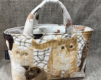 QUILTED Cats Fabric Tote Bible Book Anything Tote Bag Purse USA Handmade