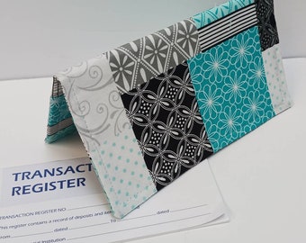CHECK BOOK Cover and Debit Card Document Coupon Organizer Purse on PATCHWORK Teal Fabric Print