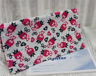HEARTS CATS Print CheckBook Cover Holder Coupon Wallet Clutch Purse Billfold USA Hand Made Ready-Made