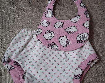 Newborn Baby Bib Quilted Flannel Snap Diaper Cover Pink Kitty Ready Made Set