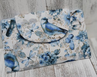 Wallet Clutch Purse Billfold Checkbook Cover Card Slots Set BLUE  Birds USA Handmade Ready
