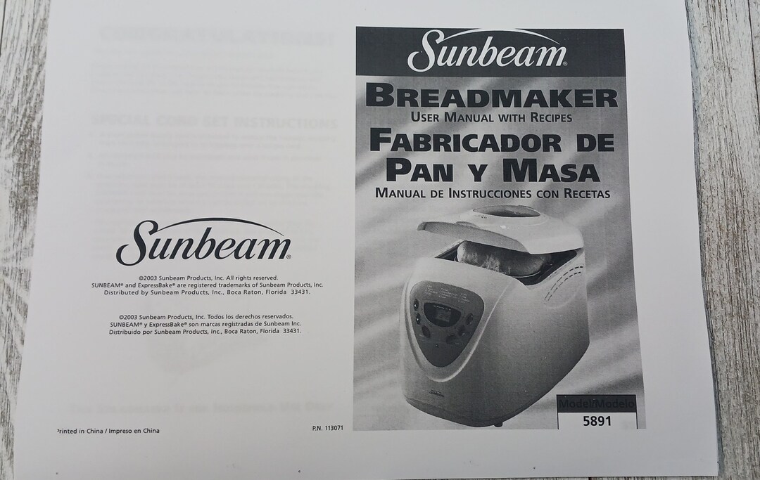 SUNBEAM Bread Machine Instruction Manual 5891 Very Detailed in English or Spanish Language Etsy