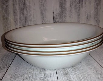 4 CORELLE Cream with Brown Trim Soup Bowls 6.5 inch Wide Set Small Cereal Bowls EUC