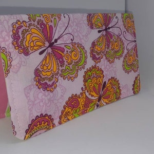 Pink Butterflies Fabric Checkbook Cover Wallet Coupon Document Holder Ladies Clutch Bag Purse