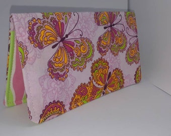 Pink Butterflies Fabric Checkbook Cover Wallet Coupon Document Holder Ladies Clutch Bag Purse