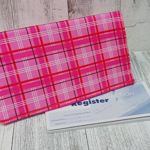 Funda de tela para talonario, Cartera de registro a cuadros ROSADA, Monedero organizador de cupones de documentos