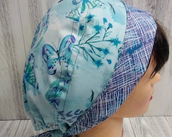 Ladies Surgical Scrub Cap and Mask Set PURPLE BLUE Butterflies Hat Folding Visor Medical Nurse Washable Cotton Fabric Ready-Made Hair Bonnet