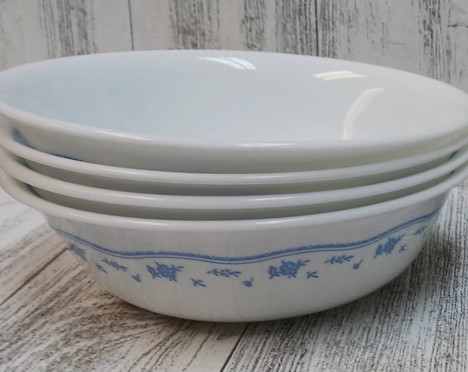 4 CORELLE Soup Bowls by CORNING Ware White With Blue Flower 6.5 Inch