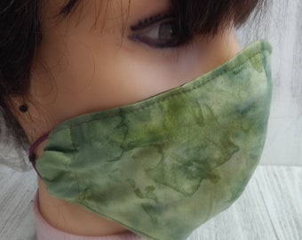 Green Batik Fabric Face Mask Covering Size SMALL Wire Less Nose Eladtic Straps  Inside Pocket Washable Cotton Cloth USA Home Made Ready Made