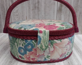 Vintage Sewing Basket Round with Handles Removeable Tray Mauve floral Print Thread and Accessories
