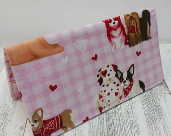 HEARTS Dog Breeds Fabric Checkbook Cover Debit Registry Wallet Pink Money Holder Clutch Purse Billfold Coupon Keeper