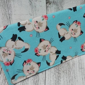 Blue RETRO CATS Check Book Cover Transaction Registry Cotton Fabric Document Coupon Purse Accessory