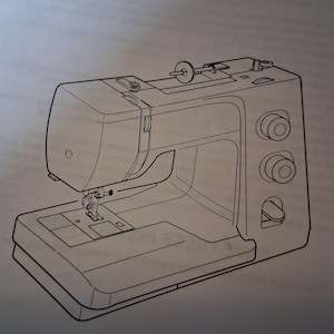 May include: Line drawing of a sewing machine. The machine has a rectangular base with a flat surface. The body of the machine is a light colour, with several dials and a needle. The image is a technical illustration.