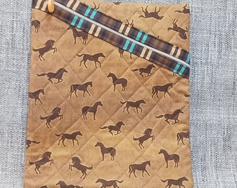 QUILTED Fabric Zipper Pouch Hand Made Make up Pad Case Holder Clutch Purse Billfold Ready Made Horses Print