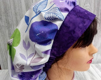 Ladies Scrub Hat Matching Face Mask Set BOUFANT STYLE Purple Floral Cap Visor Medical Nurse Washable one Layer Cotton Fabric Bonnet