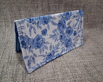 BLUE Floral Fabric Checkbook Cover Wallet Holder Clutch Purse Billfold Coupon Keeper Debit Registry