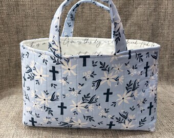 QUILTED Cross Fabric Tote Bible Book Anything Tote Bag Purse USA Handmade