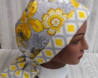 Ladies Surgical Scrub Skull Cap YELLOW Floral Folding Visor Soap Making Hat Medical Nurse Washable Cotton Fabric Ready-Made Hair Bonnet