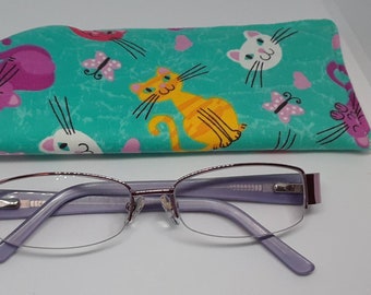 Teal Calico Cats Fabric Eye Glass Case Quilted Lining for Small Lens Frames Readers Reading Glasses