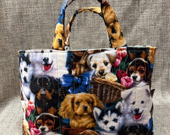 QUILTED Puppies Fabric Tote Bible Book Anything Bag Purse USA Handmade