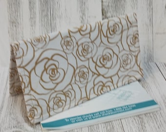 Gold ROSE Fabric Checkbook Cover Debit Registry Wallet Holder Clutch Purse Billfold Coupon Receipts Keeper