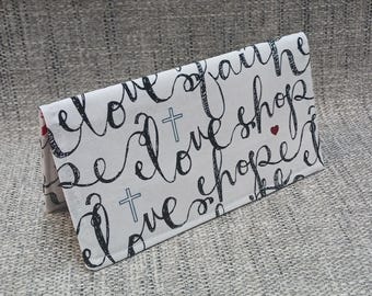 CHECK BOOK Cover Registry Love Faith Hope Document Coupon Organizer Purse Purple Fabric