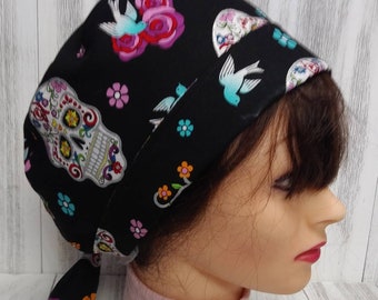 SKULLS Scrub Skull Cap Medical Print Folding Visor Soap Making Hat Washable Cotton Fabric Ready-Made Hair Bonnet REDUCED