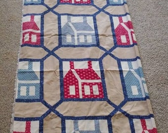 Cheater Quilt Panel Cotton Printed House Pattern Fabric Piece 42 X 98 Quilt Ready Vintage