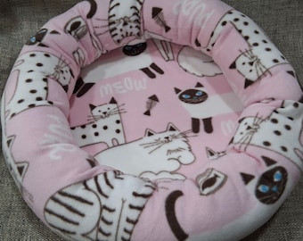FLEECE Donut Cat Bed Foam Botton Poly Fil Sides Pink Brown Kitty Print Warm Fabric Ready-Made Handmade USA