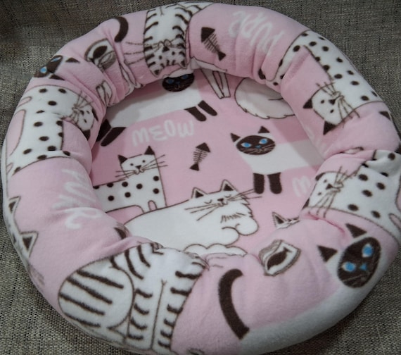 FLEECE Donut Cat Bed Foam Botton Poly Fil Sides Pink Brown Kitty Print Warm Fabric Ready-Made Handmade USA
