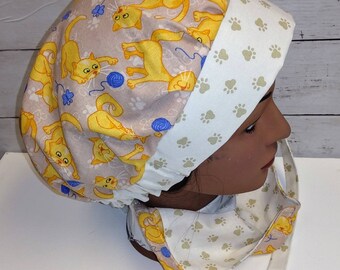 Scrub Cap Face Mask Set Yellow CATS Print Visor Soap Making Hat Medical Nurses Washable Cotton Fabric Ready-Made Hair Bonnet