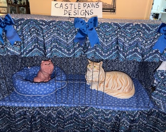 BLUE Calico CAT Show Curtains Set with Donut Bed ReadyMade