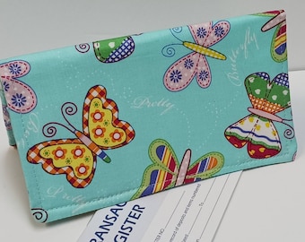 CHECK BOOK Cover and Debit Card Document Coupon Organizer Purse on Beautiful Teal Butterfly Fabric