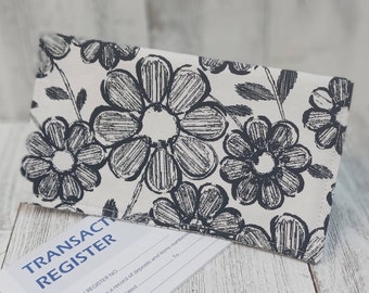 LADIES Wallet Black White Floral Pencil Sketch PrintFabric  Credit Debit Card Registry Holder Clutch Purse Billfold Coupon Keeper Ready-Made