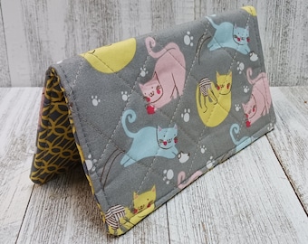 QUILTED Check Book Cover Transaction Registry Cotton Fabric Document Coupon Purse Accessory Retro Cats