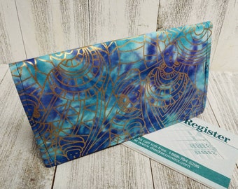 BATIK Blue Green Gold Foil Purple Checkbook Cover Wallet Holder Clutch Purse Billfold Coupon Keeper