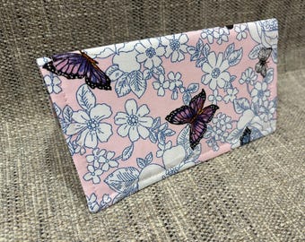 PINK Butterfly Floral Fabric Checkbook Cover Debit Registry Gift Wallet  Money Holder Clutch Purse Billfold Coupon Keeper