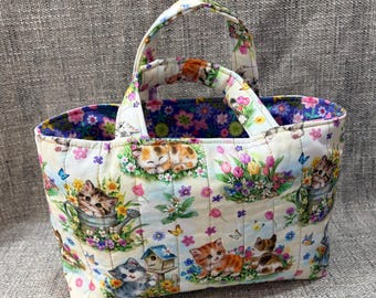 QUILTED Kittens Fabric Tote Bible Book Anything Tote Bag Purse USA Handmade
